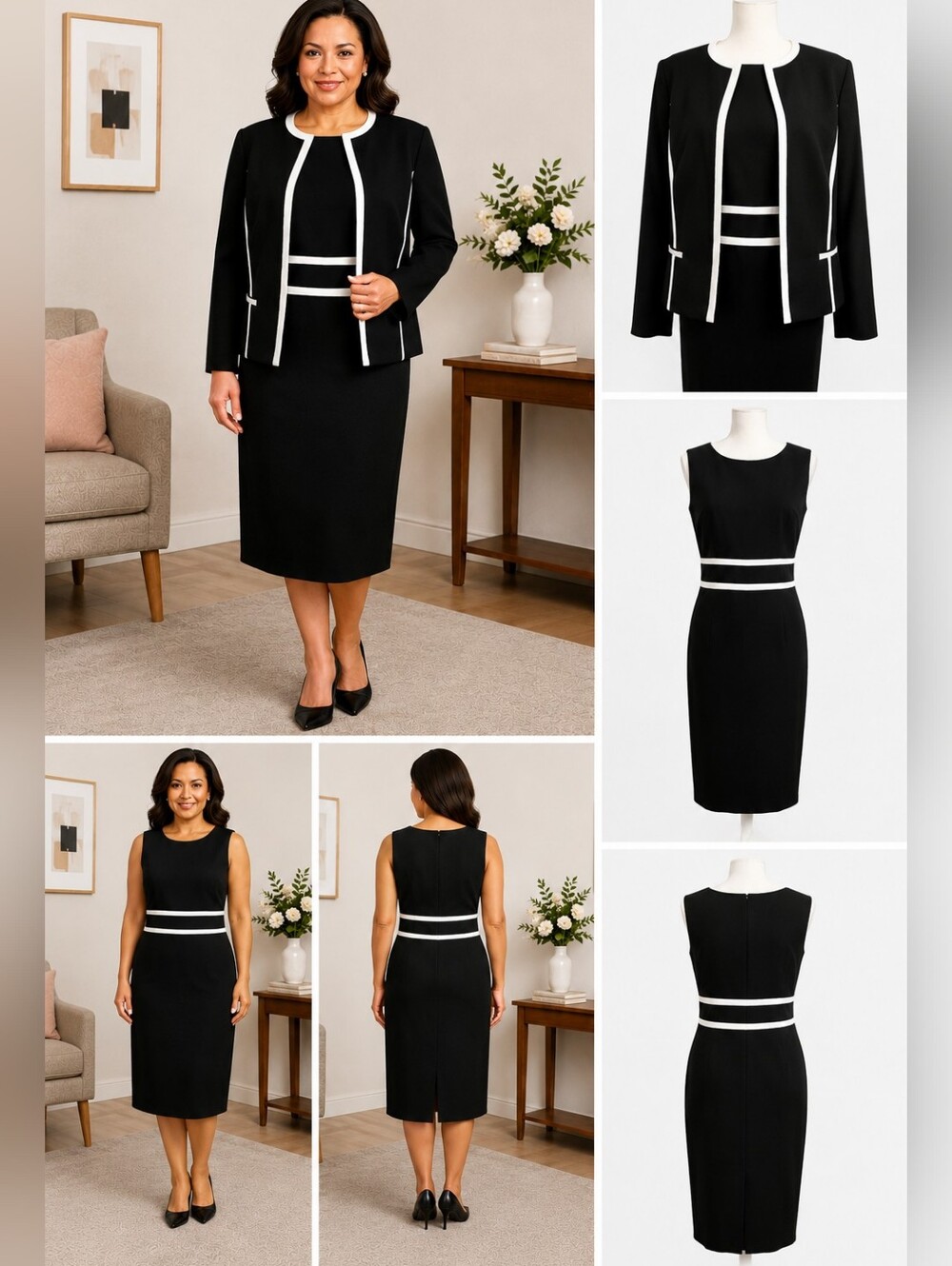 Black Label Evan-Picone 2-Piece Dress Suit Size 12 Black White Career Formal